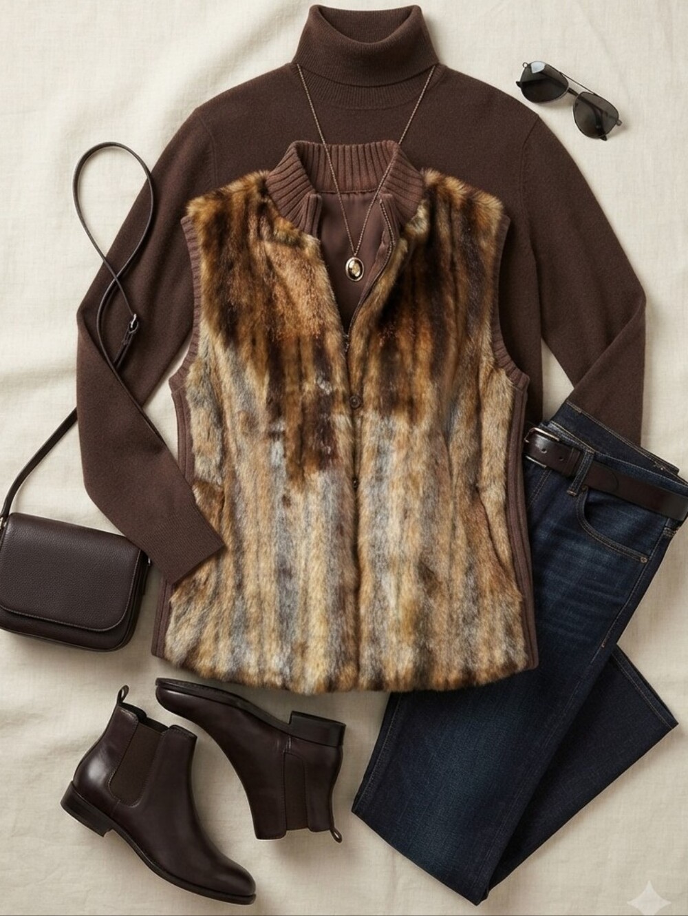 Kathie Lee Brown Tan Faux Fur Zip Up Vest